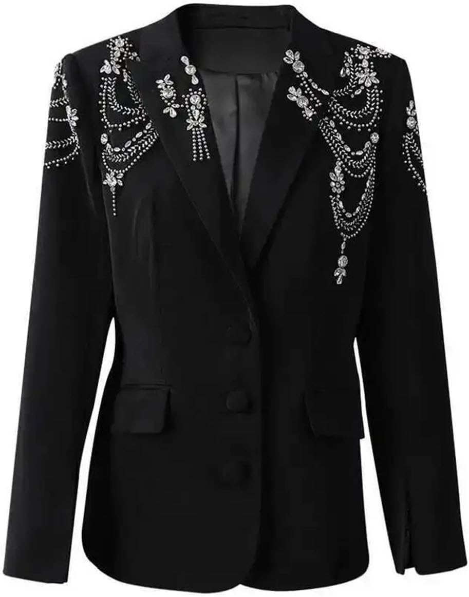 Women Rhinestones Nailed Big Size Elegant Blazer Lapel Long Sleeve Jacket