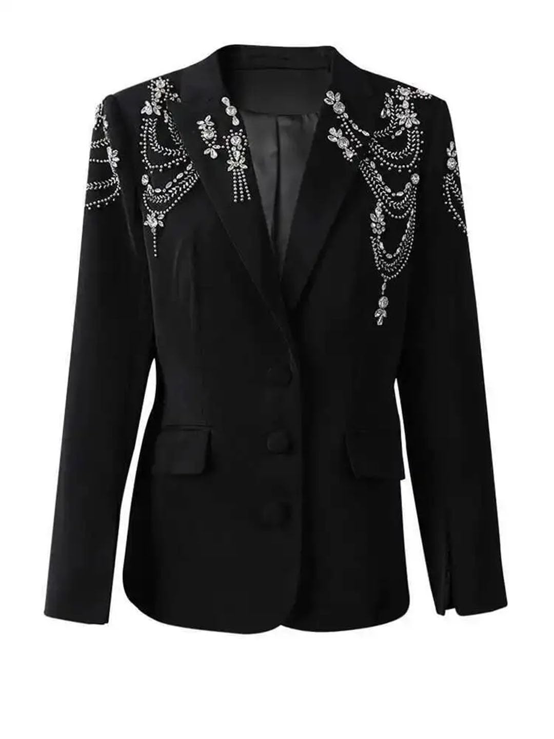 Women Rhinestones Nailed Big Size Elegant Blazer Lapel Long Sleeve Jacket
