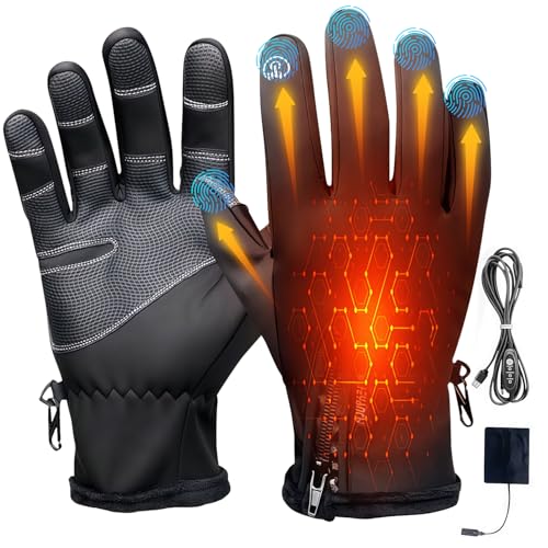 Heated Gloves for Men Women USB Electric Heating Gloves with 3 Temperature Levels Windproof & Touchscreen Full Finger Hand Warmers for Outdoor Cycling Winter Activities(Not Include Power Bank)