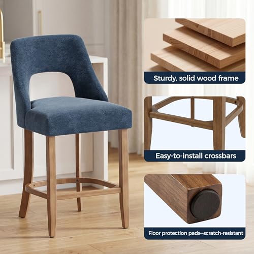 Image of UVV Bar Stools Set of 6, Upholstered Counter Height Bar Stools, Modern Counter Stools with Wood Legs for Kitchen Island Dining Room Bar, Navy Blue