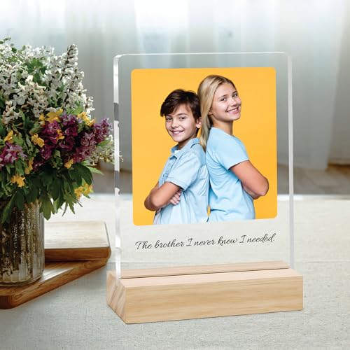Image of Giftplease Customized Photo And Text Frame With Wooden Stand | Personalised Printed Photo Frame | Gift For Brother | Birthday | (Transparent, 5MM, 6 * 8 Inches), Tabletop BG 05