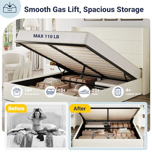 Image of Allewie Full Size Lift Up Storage Bed, Chenille Fabric Upholstered, Modern Wingback Headboard, Hydraulic Support, No Box Spring Needed, Cream White