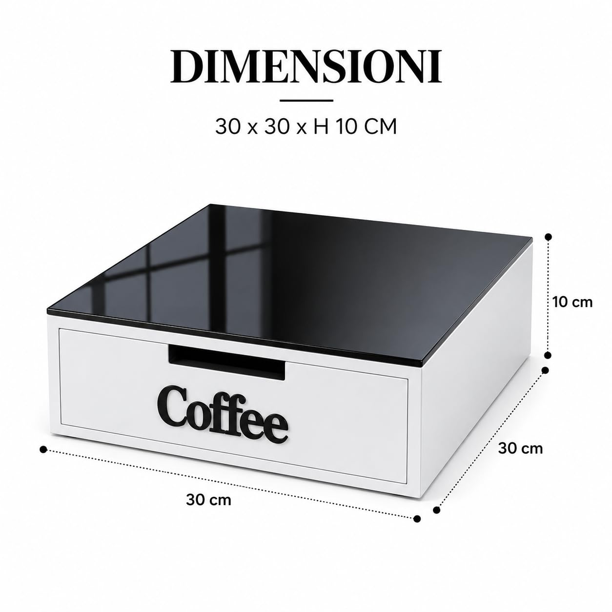 Porta Capsule con Cassetto e 3 Scomparti, Organizer Coffee Station con Top in Vetro, Portacialde da Appoggio, Contenitore Capsule per Angolo Caffè 30x30x10 cm (Nero)