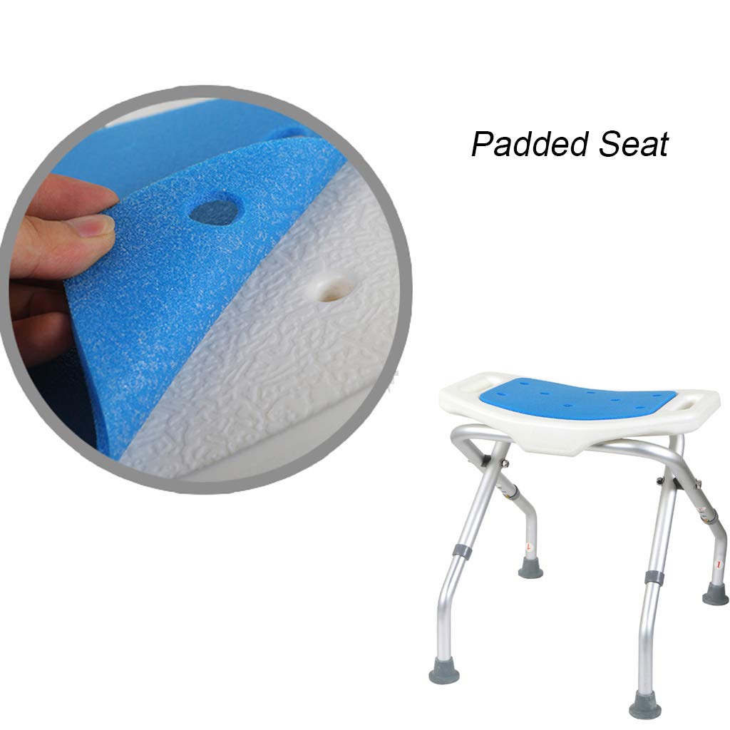 Plegable Asiento de Ducha Ergonómico Silla de baño Taburete Altura Ajustable con Acolchado Antideslizante Agujeros para Drenaje para Ancianos, discapacitados Carga de 136 kg.