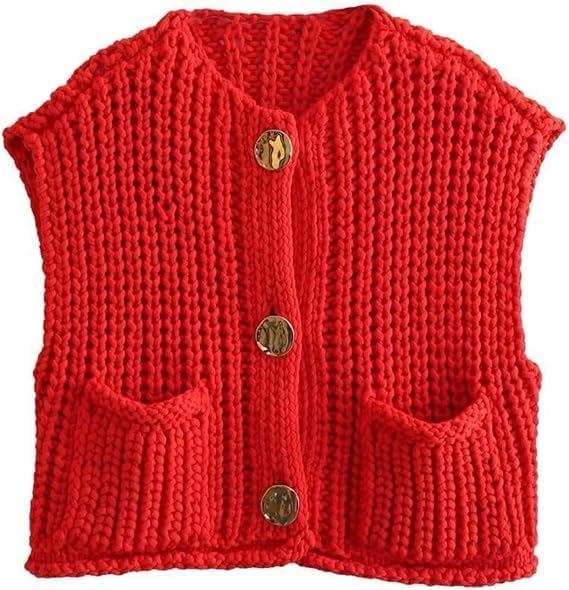 Red Cable Knit Sweater Vest with Button Front Closure, V-Neck Sleeveless Cardigan