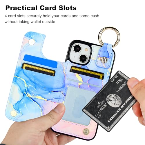 Image of HAOPINSH for iPhone 13 iPhone 14 Wallet Case with Card Holder, Pink Blue Marble Print Back Flip Folio PU Leather Kickstand Card Slots Case, Finger Grip Ring Double Magnetic Clasp Shockproof 6.1 inch