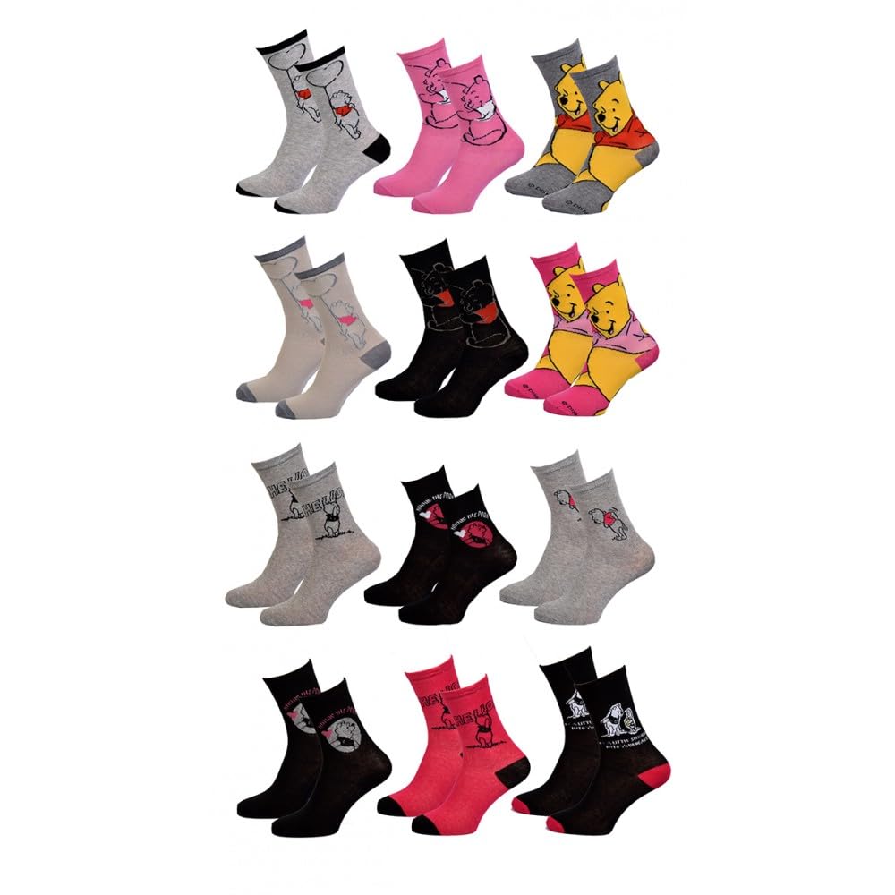 Ozabi Women's socks LICENCE Fantasy (as8, numeric, numeric_3_point_5, numeric_7_point_5, regular, regular, Pack of 6 pairs Winnie the Pooh Surprise)