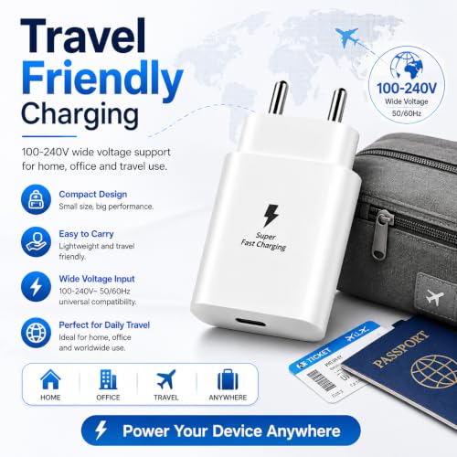Image of Zybux 25Watt Super-Fast Power Adapter Compatible with Samsung Galaxy Z Fold 5 /S26 Plus /S25 /S24 /Ultra, Type C PD Wall Plug Charger for Mobile Phones, White Travel Friendly Safe Compact Charging Block