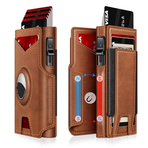 Airtag Wallet for Men, Minimalist Slim Mens Wallet Smart Pop Up Credit Card Holder for 9-13 Cards, RFID Blocking Wallet with ID Window & Cash Slot, Compact Bifold Metal Aluminum Card Case