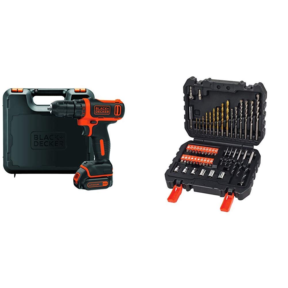 BLACK+DECKER BDCDD12K-QW Trapano Avvitatore Compatto, 10.8 V, al Litio, 1.5 Ah + A7188-XJ Set per Forare ed Avvitare, 50 Pezzi 1 Batteria Trapano BDCDD12K-QW + Set 50 Pezzi