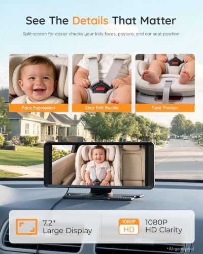 Image of LUCKVIEW BM5PRO Baby Car Camera for 2 Kids, 7.2 inch Split Screen Monitor | 1080P Car Baby Monitor, Automatic Night Vision, 2 Cameras for Rear Facing Seat, 360 Degree Headrest Mount (Orange)