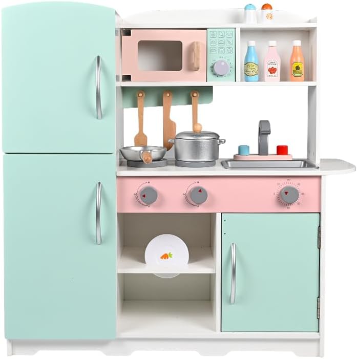 Juego de cocina de juguete de cocina de madera con estufa, horno, fregadero, refrigerador y 11 piezas de accesorios de cocina, juegos de cocina para