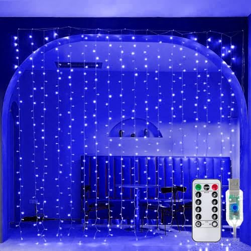 Image of MIRADH 300 LED Fairy Curtain String Lights - USB Powered Remote-Controlled Backdrop, Warm Ambience for Diwali, Navratri, Christmas & New Year Decor (Blue)