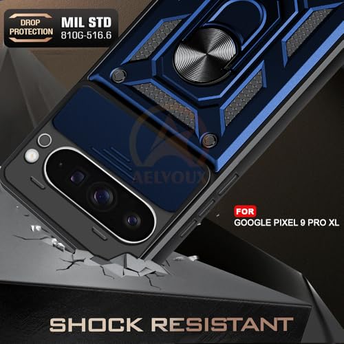 Image of Armor Bumper Back Cover Case for Google Pixel 9 Pro XL Rotating Camera Cover, Ring Holder & Kickstand | Heavy Duty & 360 Degree Protection Google Pixel 9 Pro XL Back Cover (Blue)