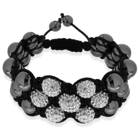 Black Shamballa Black Cord Cuff White Crystal and Haematite Bead Bracelet of 24cm/9" Cover