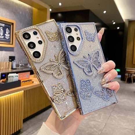 Image of Elzzi Electroplated Butterfly Phone Cover for Samsung S25 Ultra Case, Showcasing Pearlescent Diamond Soft TPU, Camera Protection, Shockproof, Drop-Resistant Stylish for Girls & Women (Silver)