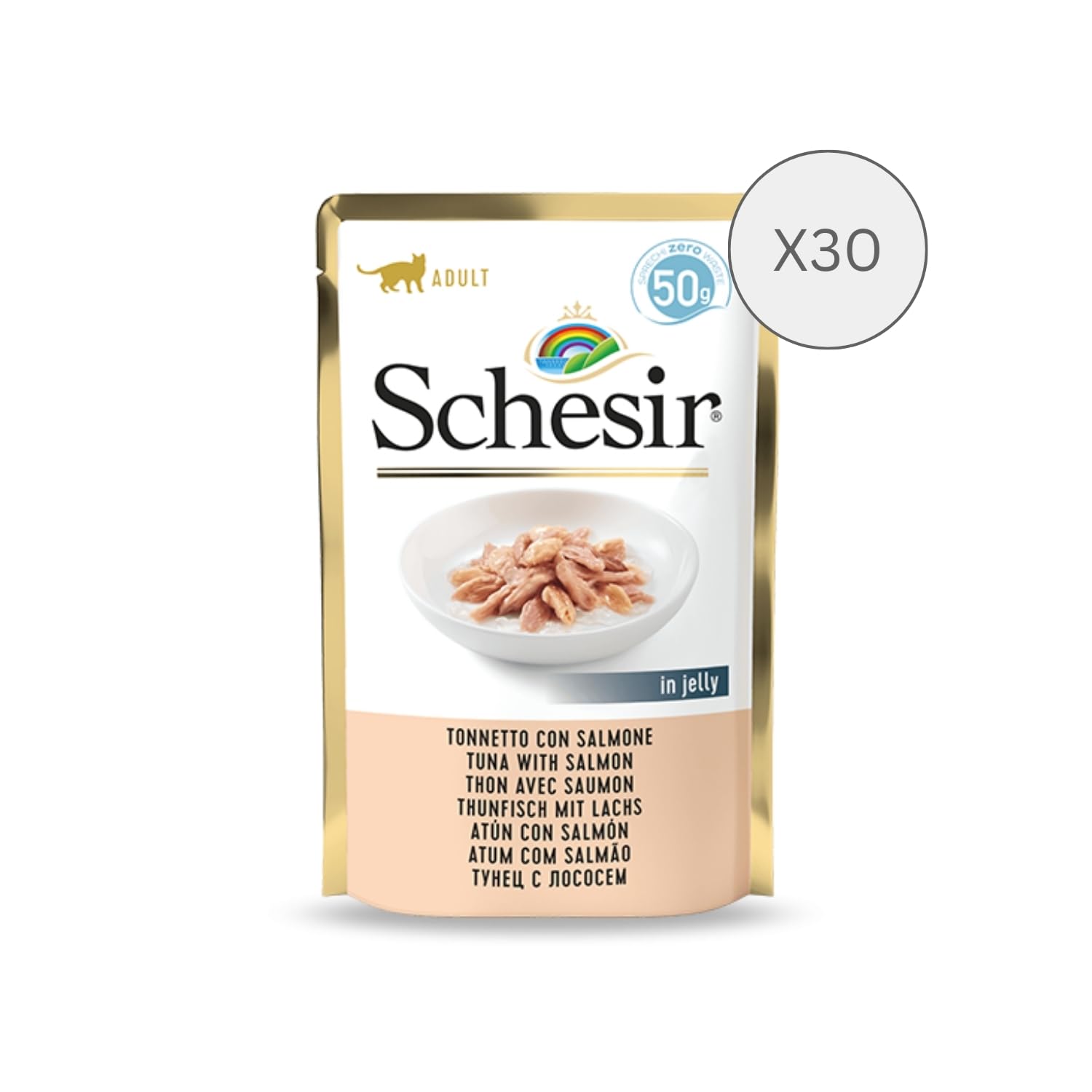 Schesir, Feuchtnahrung für Erwachsene Katzen mit Thunfisch und Lachs in weichem Gelee - (30 Beutel à 50 g) (Packung mit 2)