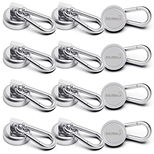 Ant Mag Carabiner Magnetic Hooks 50LBS Heavy Duty Neodymium Magnet Carabiner with Swivel Carabiner Snap Hook for Indoor/Outdoor Hanging Bagnet Grill Kitchen Purse Warehouse Office (12-Pack)