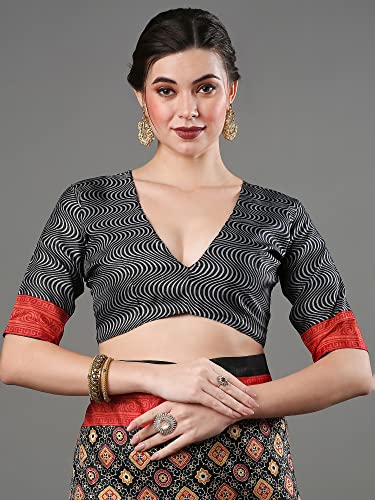 Image of AKHILAM Women's Ajrak Block Print Soft Dola Silk Saree With Unstitched Blouse Piece