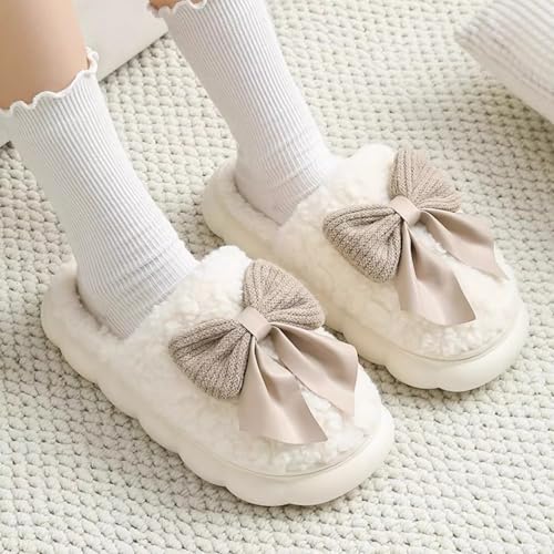 Women's Luxurious Plush Slippers with Ribbon Bows, Fuzzy Warm Slip-Ons for Home Indoor2
