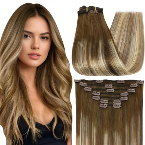 Image of Full Shine 24 Inch Real Hair Extensions Clip in Human Hair for Long Hair | Brown Roots Honey Blonde, Remy Clip in Hair Extensions, Double Weft, Invisible Straight, 7 Pcs 120g