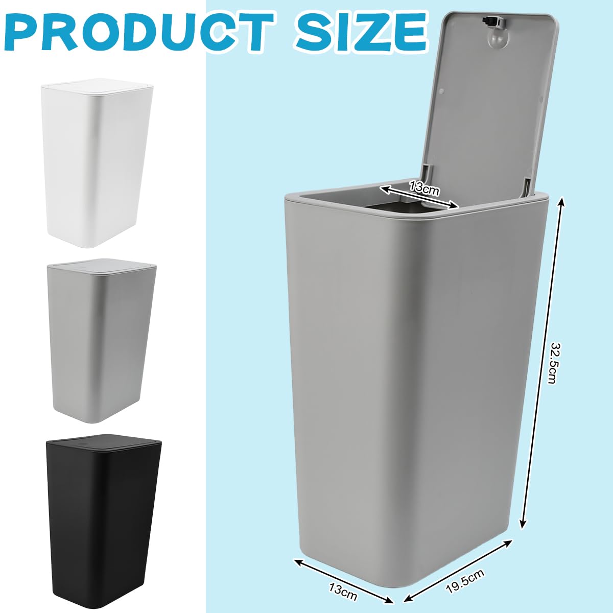 3 Pezzi Bidone della Spazzatura con Coperchio a Pressione, Bidone per Rifiuti Sanitari, Pattumiera di Plastica Push, 32.5x19.5x13cm, Compatto per Camera da Letto, Casa, Ufficio, Bagno e Auto