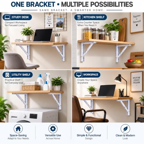 Image of Compal 20 Inch Folding Shelf Brackets for Wall Mounted Table, Heavy Duty Metal Foldable Bracket Pair for Study Table, Laptop Desk, Work Table & Shelf, Space Saving 90 Locking Support, White