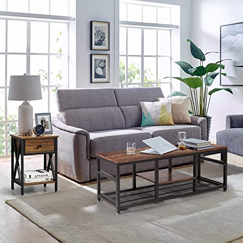 Vecelo Modern Nightstand, Set Of 2,Retro Brown & 47" Coffee Table With Storage Shelf For Living Room Industrial Wood And Metal Frame Easy Assembly Brown #TOP6