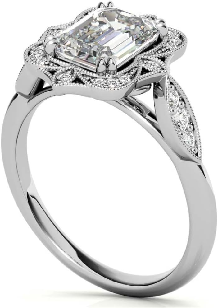 Antique Vintage Style Halo Emerald Cut Moissanite Engagement Ring Set for Women Bridal Wedding Ring Handmade Anniversary Promise