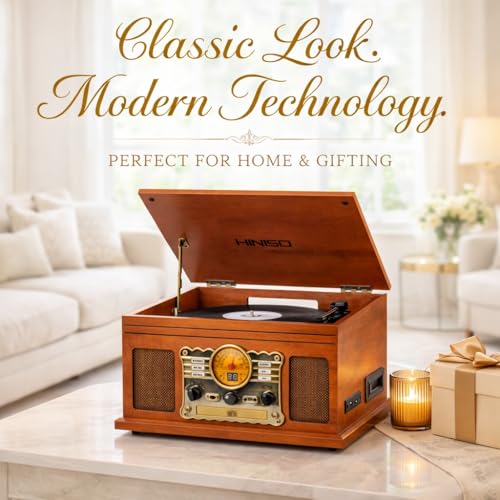 Image of Hiniso 8-in-1 Vinyl Record Player Turntable with 2-Way Bluetooth in /Out, Wireless Remote, CD & Cassette Player, USB /SD Recording | Convert Vinyl /CD /Cassette to MP3 | Built-in Speakers, FM Radio