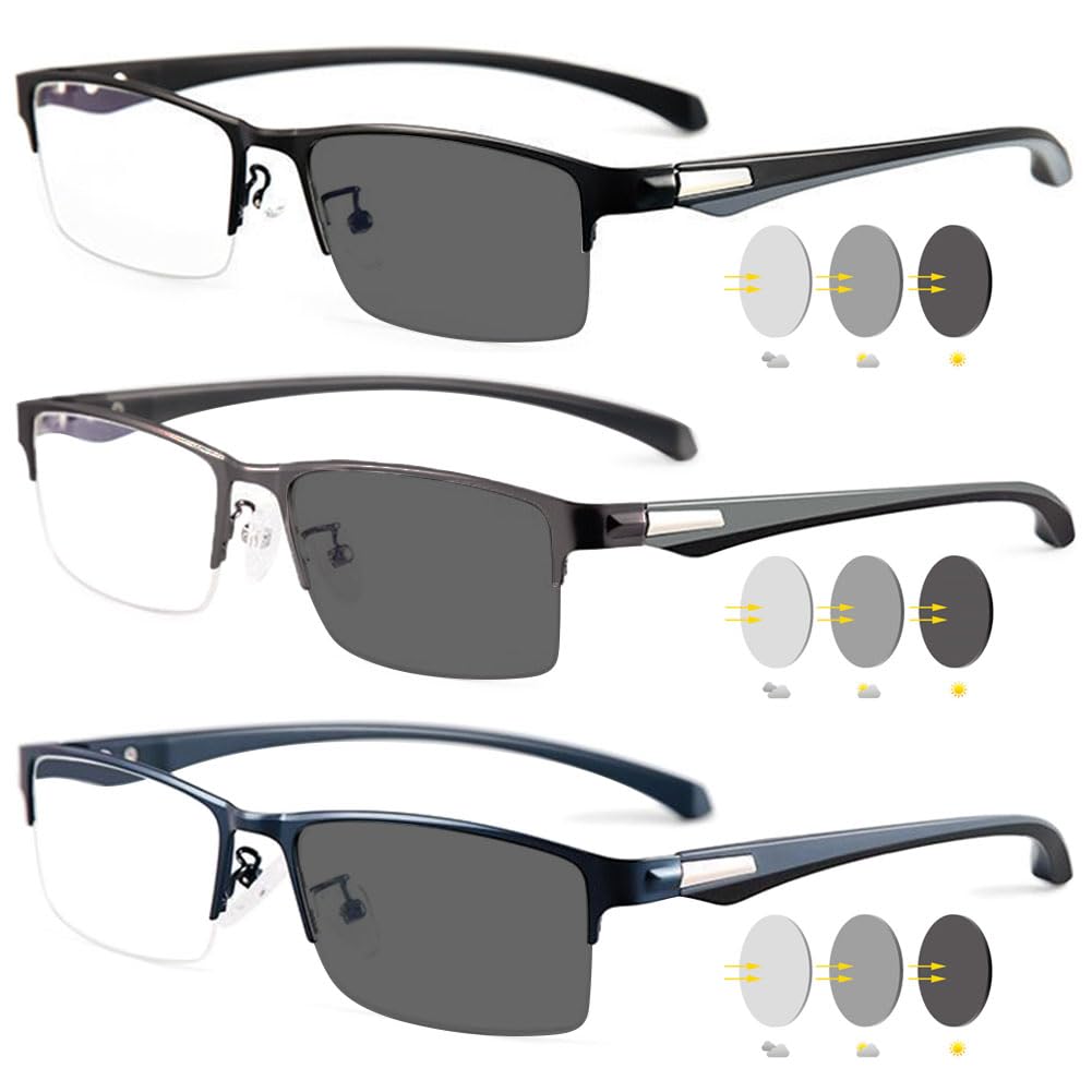 VEVESMUNDO Herren Lesebrillen Selbsttönende Blaulichtfilter Sportliche Sonnenlesebrille Metall Rechteckig Halbrand Lesehilfe Brillen +1.0,+1.5,+2.0,+2.5,+3.0,+3.5,+4.0