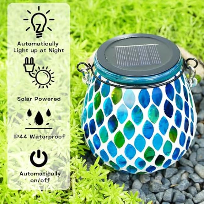 Mosaic Blue Solar Lanterns, Outdoor Glass Hanging Lights, Waterproof, Solar Table Lamps, Christmas Gifts for Women Mom Grandma, Night Lights, Decoration for Garden, Patio, Yard, Party, Outdoor Decor