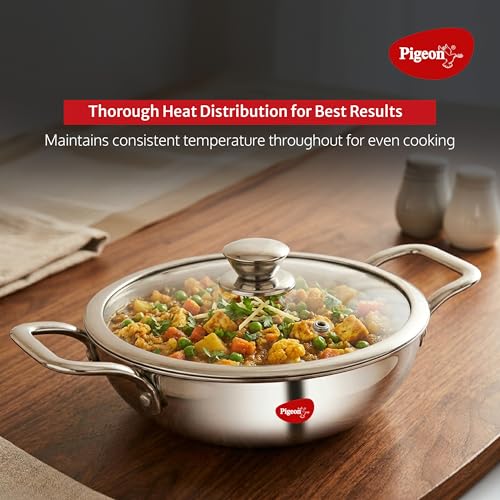 Image of Pigeon Elite Stainless Steel Triply 4 Pcs Gift Set - 22cm (2L) Kadai, 22cm (1L) Frypan and 14cm (1.1L) Saucepan, Less Oil Use, Easy to Clean - Induction and Gas Stove Compatible - Silver
