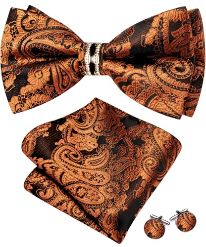 Image of YOHOWA Mens Bow Tie Set Paisley Pre-tied Bowties Adjustable with Handkerchief Cufflinks Gold Ring Set Wedding Prom Party