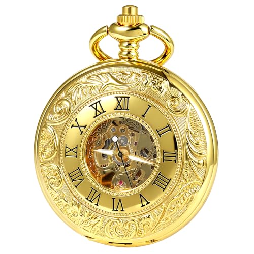 Image of TREEWETO Men's Mechanical Skeleton Pocket Watch for Mens Women Blue Roman Numerals Dial Double Case Pocket Watches