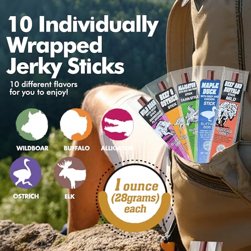 Image of Jerky-n-Spice Wild Game Exotic Meat Sticks (10-Pack) | Ultimate Beef Jerky | Savory Snacks Variety Pack for Adults | Perfect Gifts for Anniversary, Camping, Hunting & Birthday Events