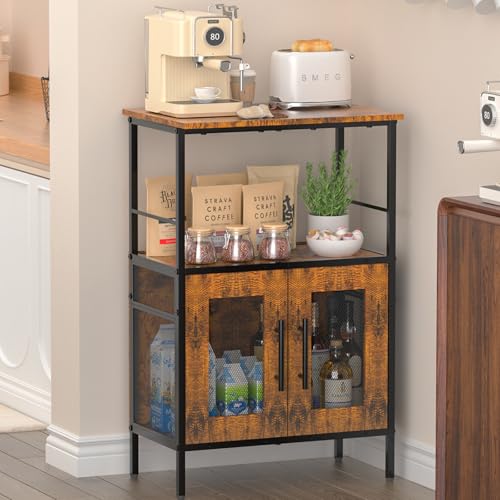 X-cosrack Buffets Coffee Bar Station, 3-Tier Small Coffee Stand Station with Storage, Farmhouse-Style Microwave Cart Featuring 2-Door Cabinet Ideal for Living Room, Entryway, Sideboards
