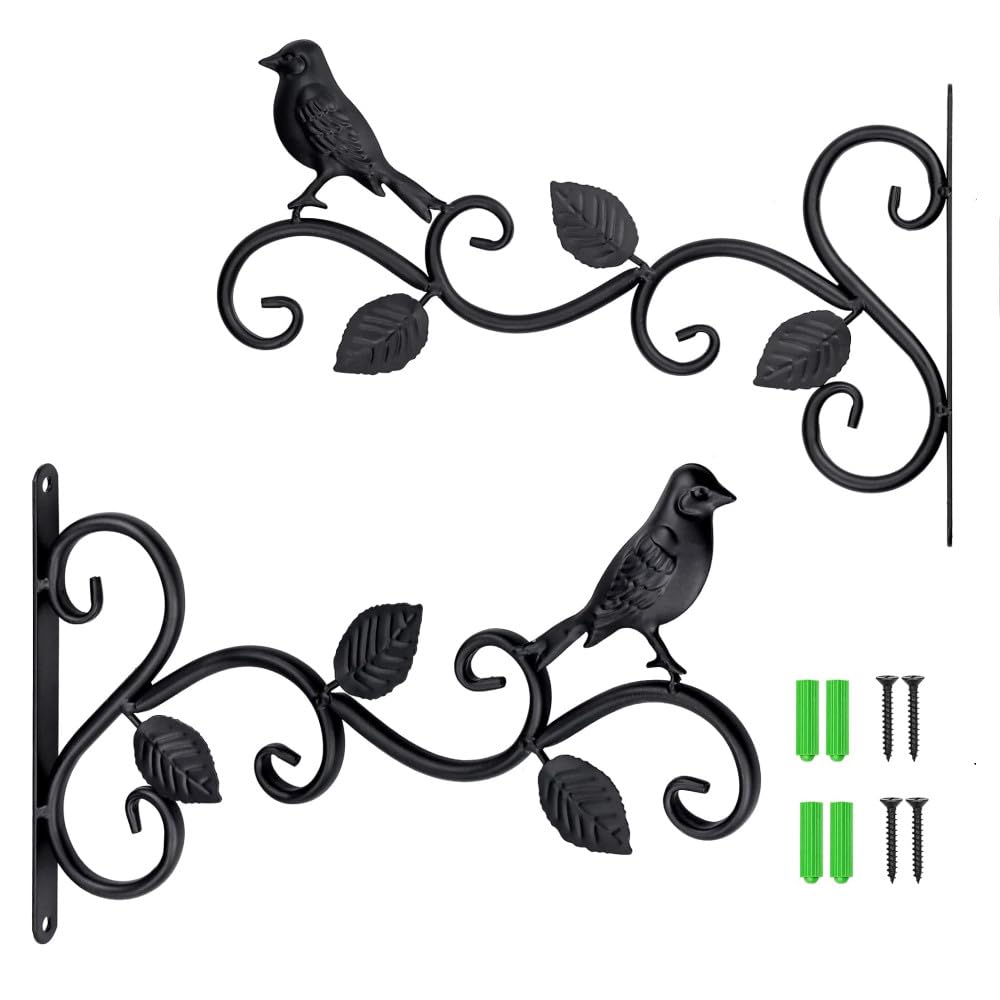 Lot De 2 Supports Pour Plantes Suspendues Murales En Fer Forgé (14x30 Cm) - Avec Décoration Oiseau, Pour Balcon, Jardin