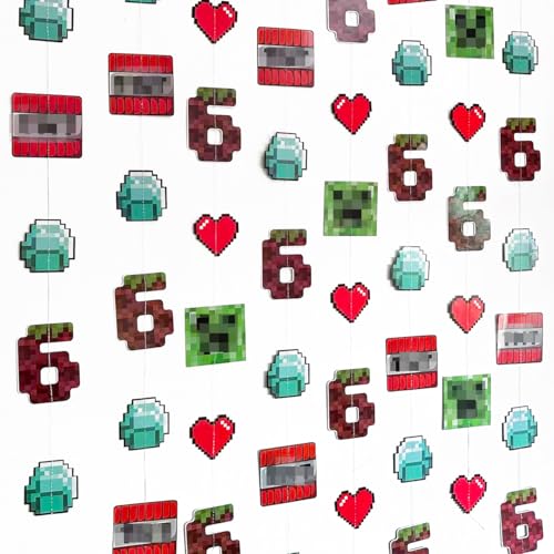 Image of 46Ft Pixel 6th Birthday Party Decorations Green Brown Miner Themed Garland Streamer for Kids Boys 6th Mining Craft Birthday Pixel Miner Gamer Cartoon Baby Shower Mining Party Decor Supplies