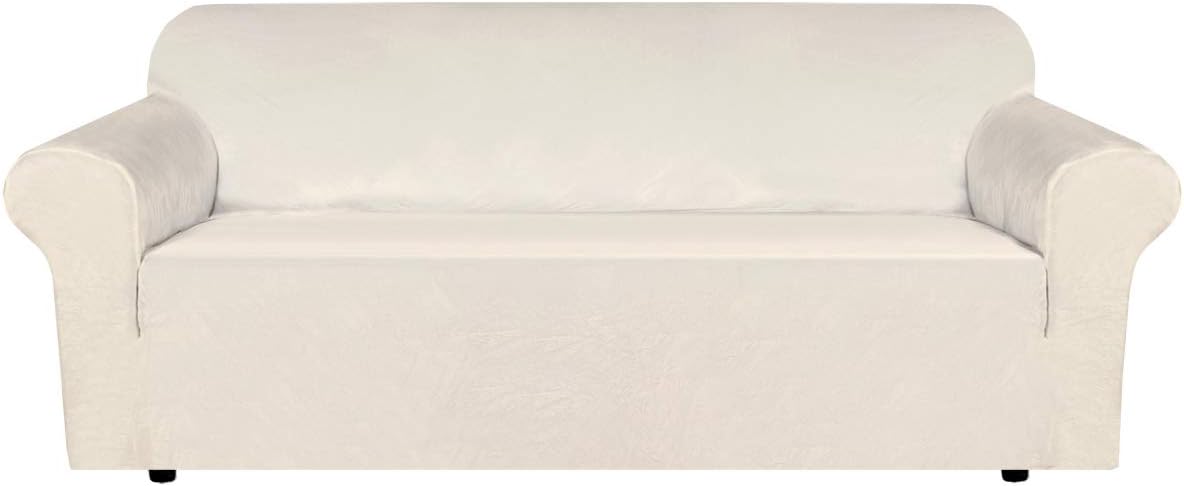 H.VERSAILTEX Stretch Velvet Sofa Covers for 3 Cushion Couch Covers Sofa Slipcovers Furniture Protector Soft with Non Slip Elastic Bottom, Crafted from Thick Comfy Rich Velour (Sofa 72"-90", Ivory) Sofa Ivory