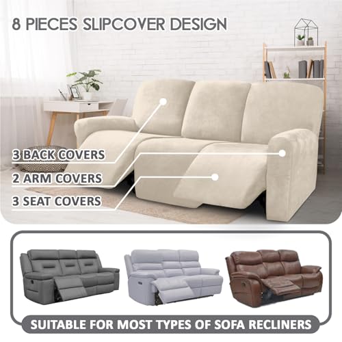 Image of Ultimate Decor 8-Pieces Recliner Sofa Covers Velvet Stretch Reclining Couch Covers for 3 Cushion Reclining Sofa Slipcovers Furniture Covers Thick Soft Washable (Ivory)