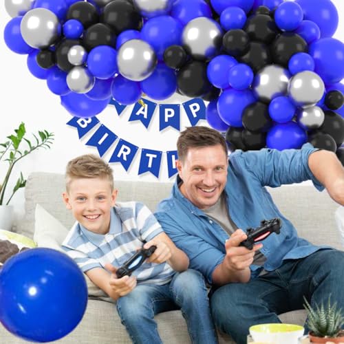 Image of Royal Blue Black Balloon Garland Kit, 121 PCS DIY Balloon Arch with Blue Black Metallic Silver Balloons Video Gaming Party Supplies for Boys Men 30th 40th Birthday Retirement Grads Party Decorations