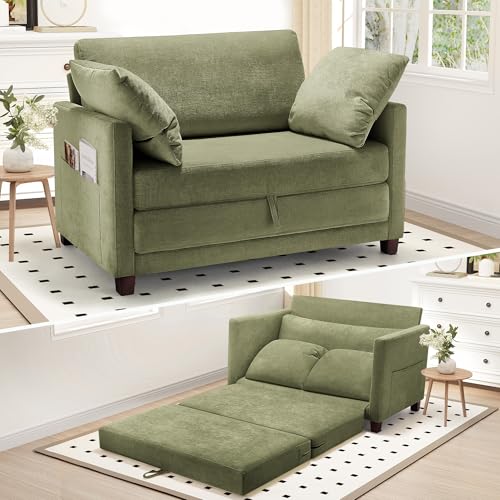 Image of 51" Convertible Loveseat Sofa Bed, 2 in1 Folding Sofa Bed, Loveseat Sleeper Sofa for Small Spaces, Fold Out Floor Couch with 2 Pillows for Apartment, Living Room & Guest Room, Green Chenille Fabric
