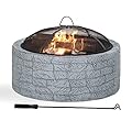 Sunjoy 26 in. Stone Fire Pit, Patio Outdoor Round Wood Burning Fire Pits for Outside with Spark Screen and Poker, Stone Gray