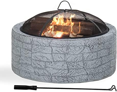 Sunjoy 26 in. Stone Fire Pit, Patio Outdoor Round Wood Burning Fire Pits for Outside with Spark Screen and Poker, Stone Gray