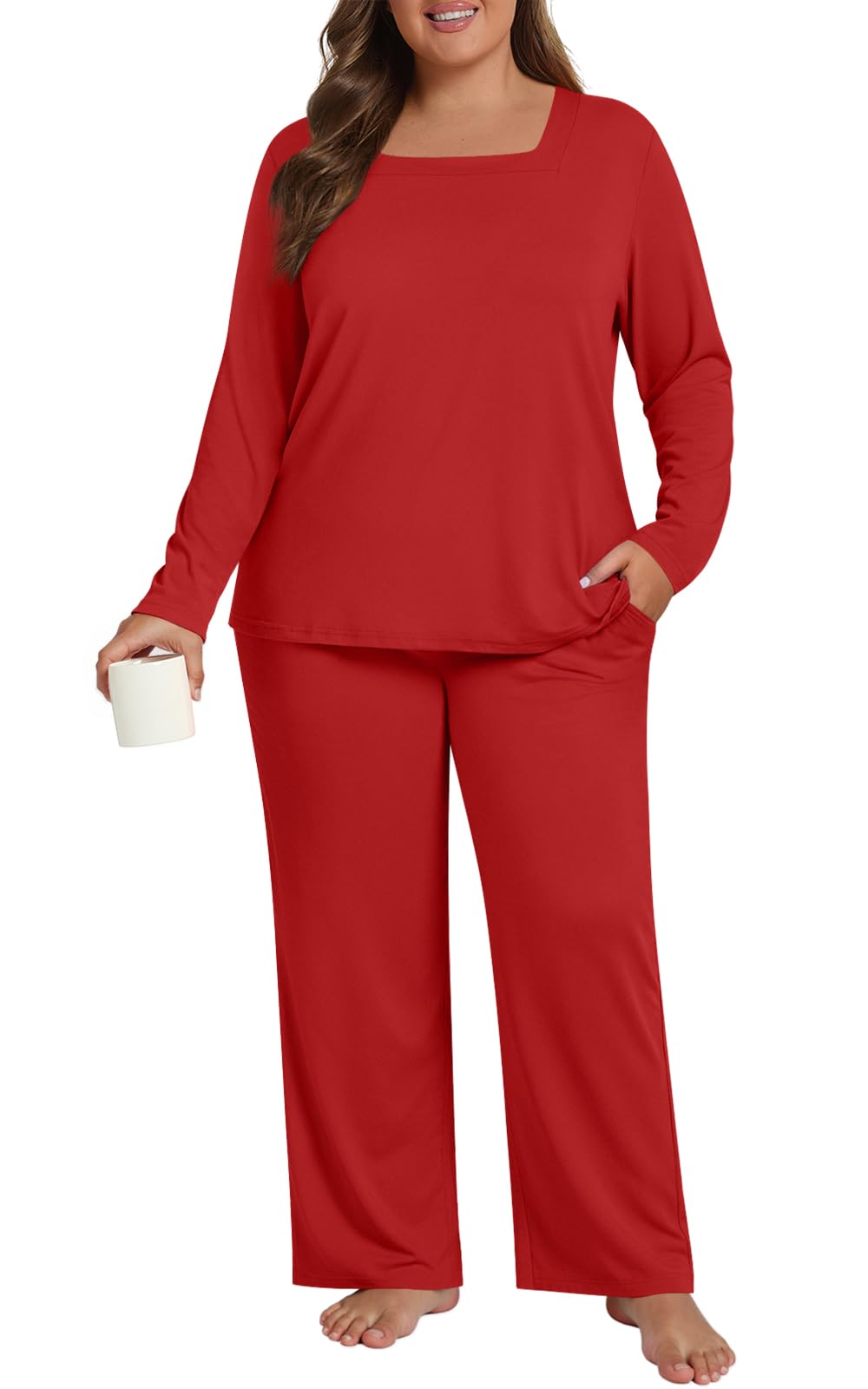 HOTGIFT Plus Size Womens Pajamas Set 2 Piece Pjs Loungewear Long Sleeve Sleepwear with Pockets Fall Winter L-4XL