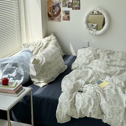 Image of MKXI Full Duvet Cover Set Blue White Floral Print - Vintage Chinoiserie Boho Comforter Cover with Pillowcases, 100% Cotton Coastal Bedding for Bohemian & Transitional Style Bedroom