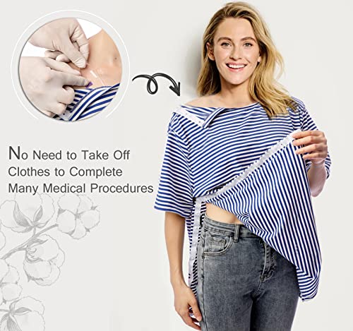 Blamoche Shoulder Surgery Shirts, Unisex Rehab Shirt with Discreet Shoulder Snaps, Chemo Clothing, Stripe Short Sleeve Shirt2