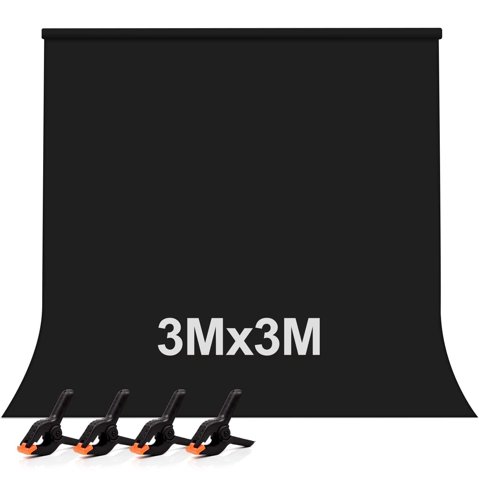 Telo Nero Fotografico, 3M x 3M Sfondo Nero per Foto, Sfondo Fotografico 3 x 3m a Tinta Unita Addensato e Denso con 4 Molle per Studio Fotografico e Registrazioni Televisive