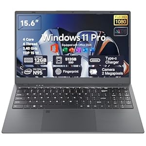 Portátil empresarial FHD de 15.6″, 12 GB de RAM 512 GB SSD, procesador N95, Windows 11 Pro con Office 2024, seguridad de huellas dactilares, batería de larga duración, color negro